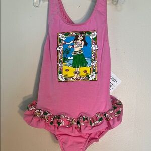 Vintage Zoodles Girls' Pink Hula Floral Ruffle One-Piece Swimsuit-RARE